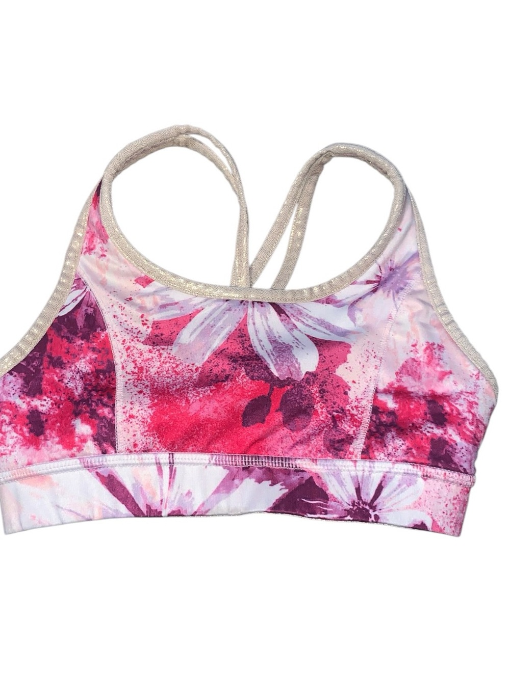 Justice Girls Pink & White Floral Girls Reversible Sports Bra XS Metallic